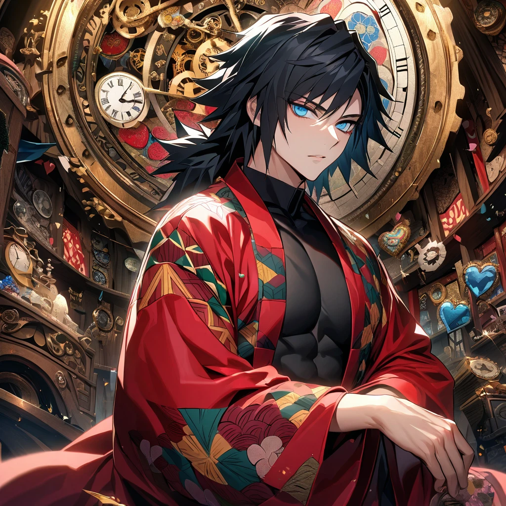 Ultra detailed, highres, absurdres, HDR, Tomioka Giyuu, black hair with bangs, blue eyes, Kimetsu No Yaiba, red long coat, black tight shirt with patterns, clock, gear, in wonderland, heart cards, sexy man, solo, handsome, very detailed face and eyes,