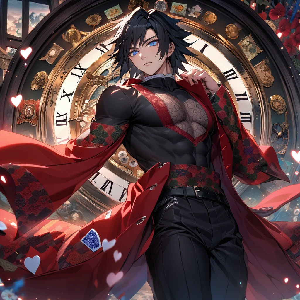 Ultra detailed, highres, absurdres, HDR, Tomioka Giyuu, black hair with bangs, blue eyes, Kimetsu No Yaiba, red long coat, black tight shirt with patterns, clock, gear, in wonderland, heart cards, sexy man, solo, handsome, very detailed face and eyes,