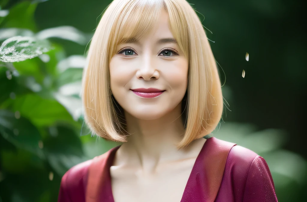 Tidy short hair　55th Birthday Personalwoman　Show profile　Upper Body　straight hair　Straight hair　Her hair color is beige, almost blonde.　Very straight hair　Tidy short hair　Personal　woman　Has bangs　Very straight hair Neat short hair　Brown Hair　Straight-haired hair　straight hair　pale blonde　There are a few red hairs　beautiful hair shiny hair　Japan rainy season　short hair　Water droplets on the hair　Heavy Rain　downpour　(It rained and I got wet, Raindrops, Wet body :1.2)　It&#39;s raining outside( sharpen ), (Purelos Face_v1:0.7), (8K, highest quality), Unconscious, Open Eyes, High resolution, original, (Flat Color:0.9),(masterpiece:1,2), highest quality, masterpiece, High resolution, original Viewer&#39;s point of view, alone, Portrait, Mature Woman Body Set, A slight smile, While staring at this,Natural wrinkles, Wrinkles around the eyes, Surreal, Natural Skin, Natural Hair Color, Bright red lips, hydrangeas in bloom　It&#39;s raining. Straight short hair.　Light Brown Hair
