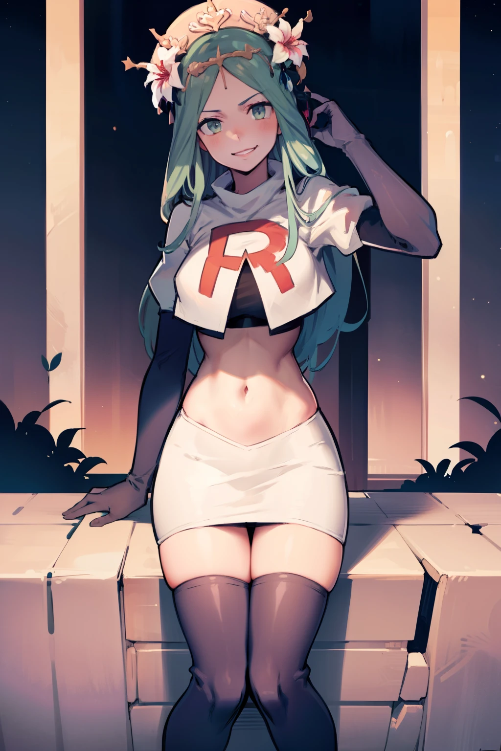 defRhea, headdress, hair flower, team rocket,team rocket uniform,white skirt,red letter R,crop top,black thigh-highs,black elbow gloves, evil smile, looking at viewer, cowboy shot, night sky background