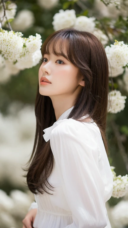 （real， High resolution：1.3）， One girl with a perfect body，16 years old, Very beautiful face and eyes，profile、Long Hair，bangs, White blouse dress：1.2，The background is covered with white flowers,Fleeting atmosphere,Breeze
