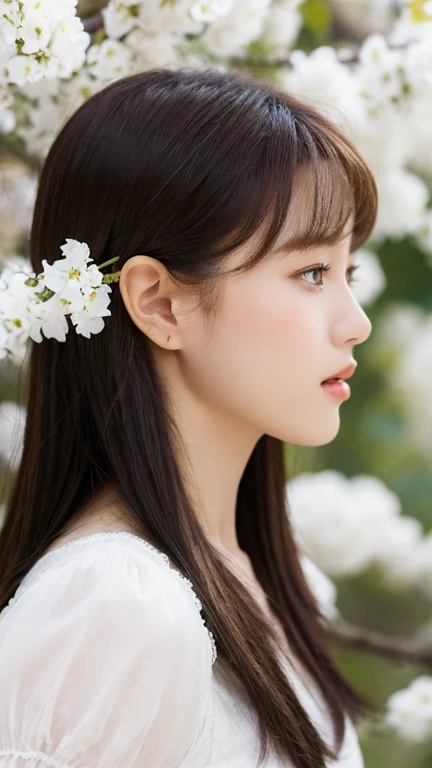 （real， High resolution：1.3）， One girl with a perfect body，16 years old, Very beautiful face and eyes，profile、Long Hair，bangs, White blouse dress：1.2，The background is covered with white flowers,Fleeting atmosphere,Breeze