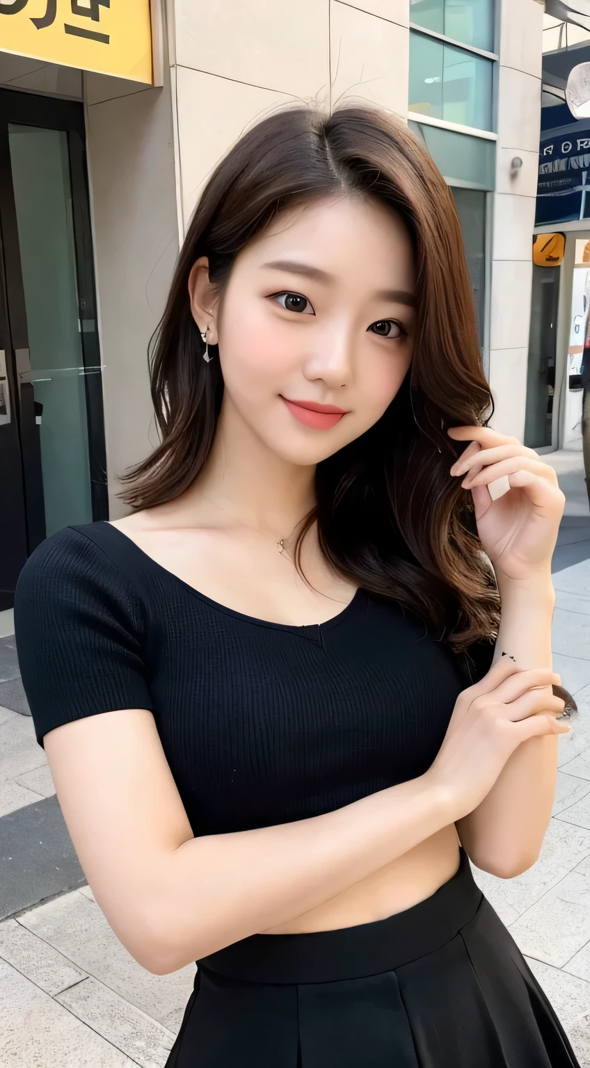 （（highest quality，8k，masterpiece：1.3）），Perfect beauty：1.4，Hips：1.2，（Layered Hairstyles：1.2）），（Street：1.3），Highly detailed face and skin texture，Full Body Lesbian，A sophisticated eye，double eyelid，Whitening the skin，Short Wavy Hair，Cute Korean Beauty（With a round face：1.5），（Black Top，Short skirt：1.6）smile