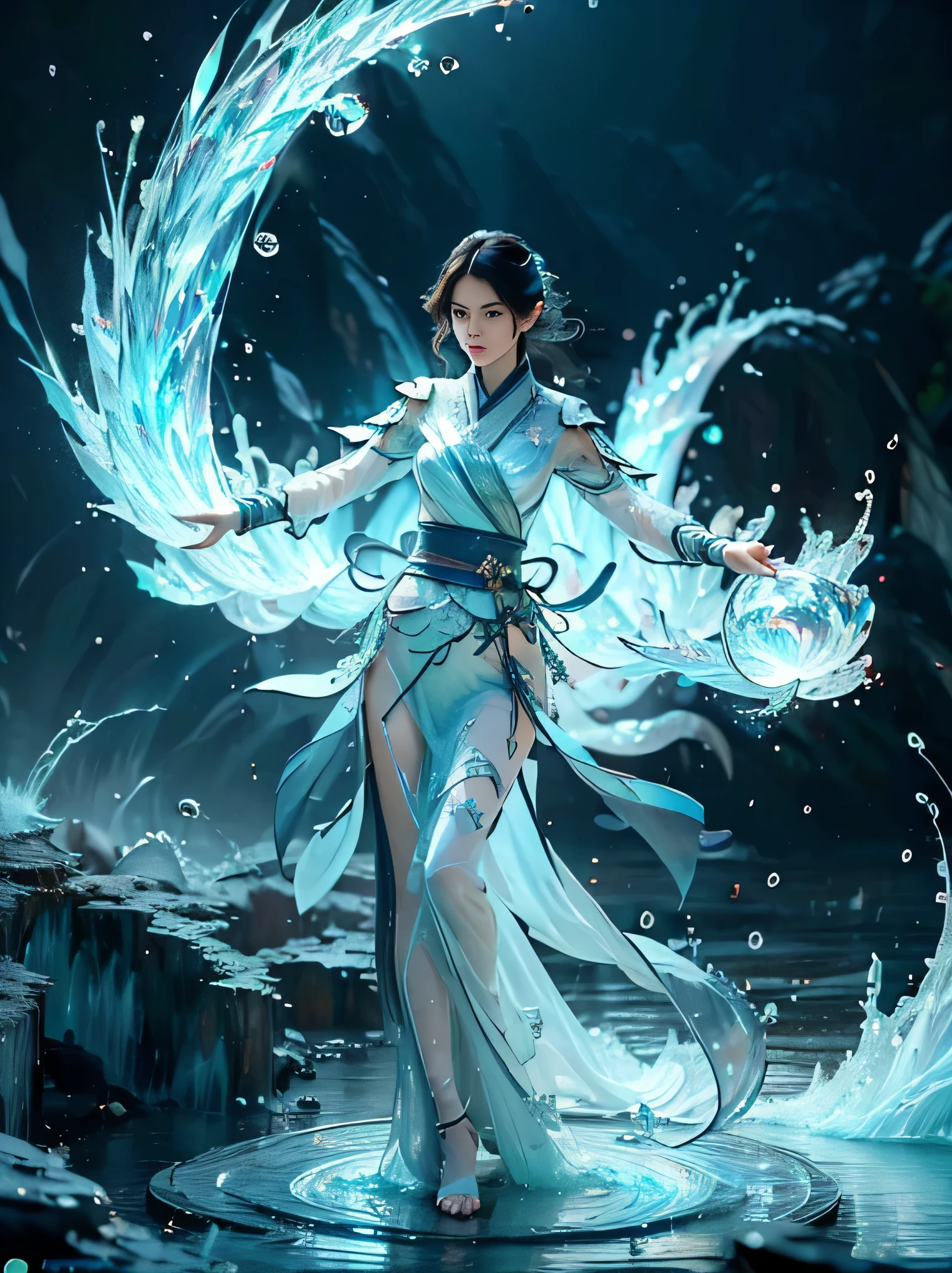 beautiful girl, full body, slim body, detailed and accurate depth of fields,8K, A high resolution, masterpiece, beautiful wallpapers, high quality, high detail, the perfect face, crystallineAI, fractal art, splash, yushui, river, fighting pose
