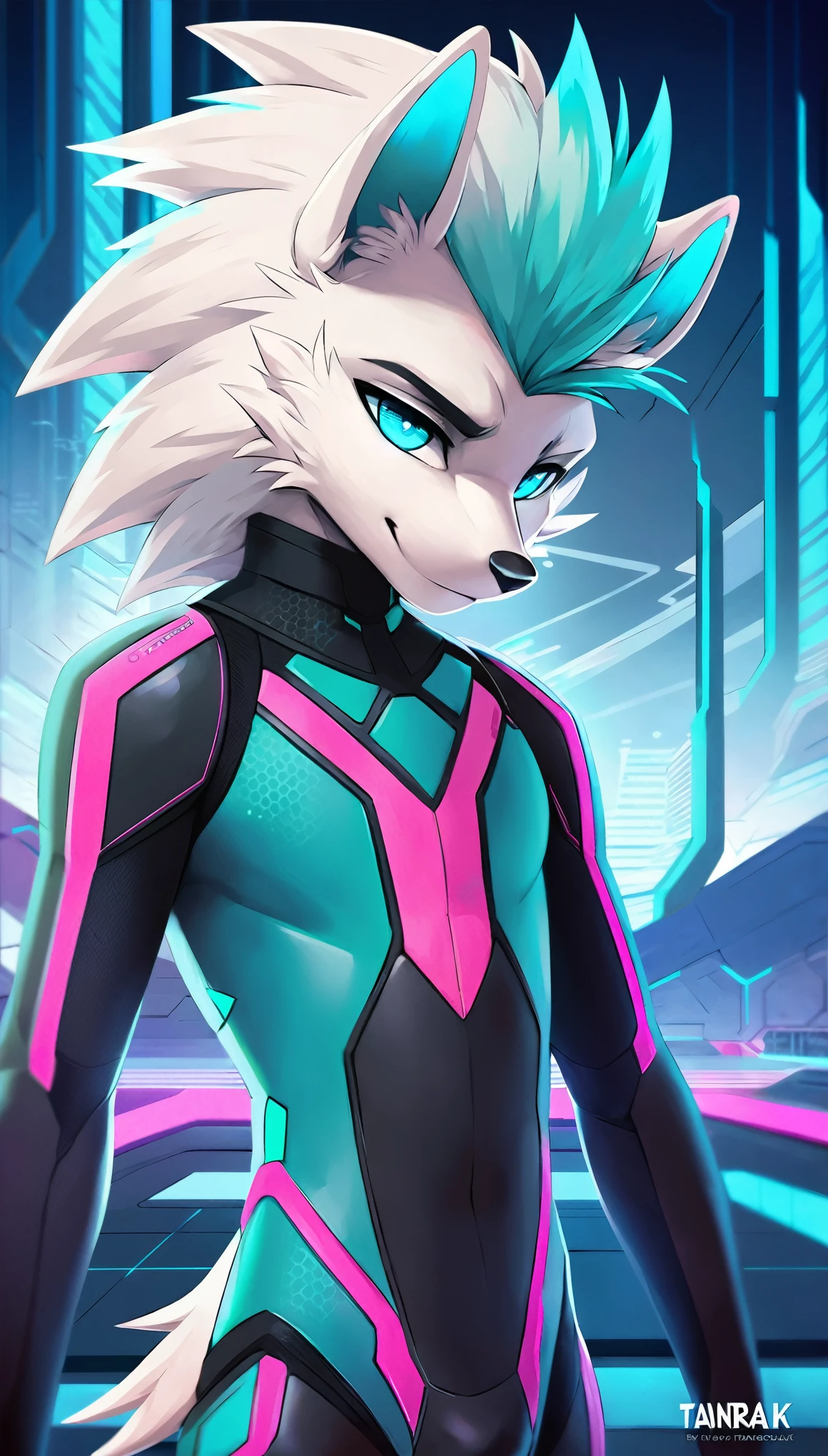 full body image, (((by tanraak))), A solo male twink anthro ((hedgehog)), with (((white fur))), tuft of cobalt hair, glowing blue eyes, tan muzzle, wearing a sci-fi bodysuit stands in a futuristic landscape. The bodysuit has (((turquoise coloring with black and pink subtle accents))), medium bulge, creating a futuristic look. the android robot has a seductive smirk on his face