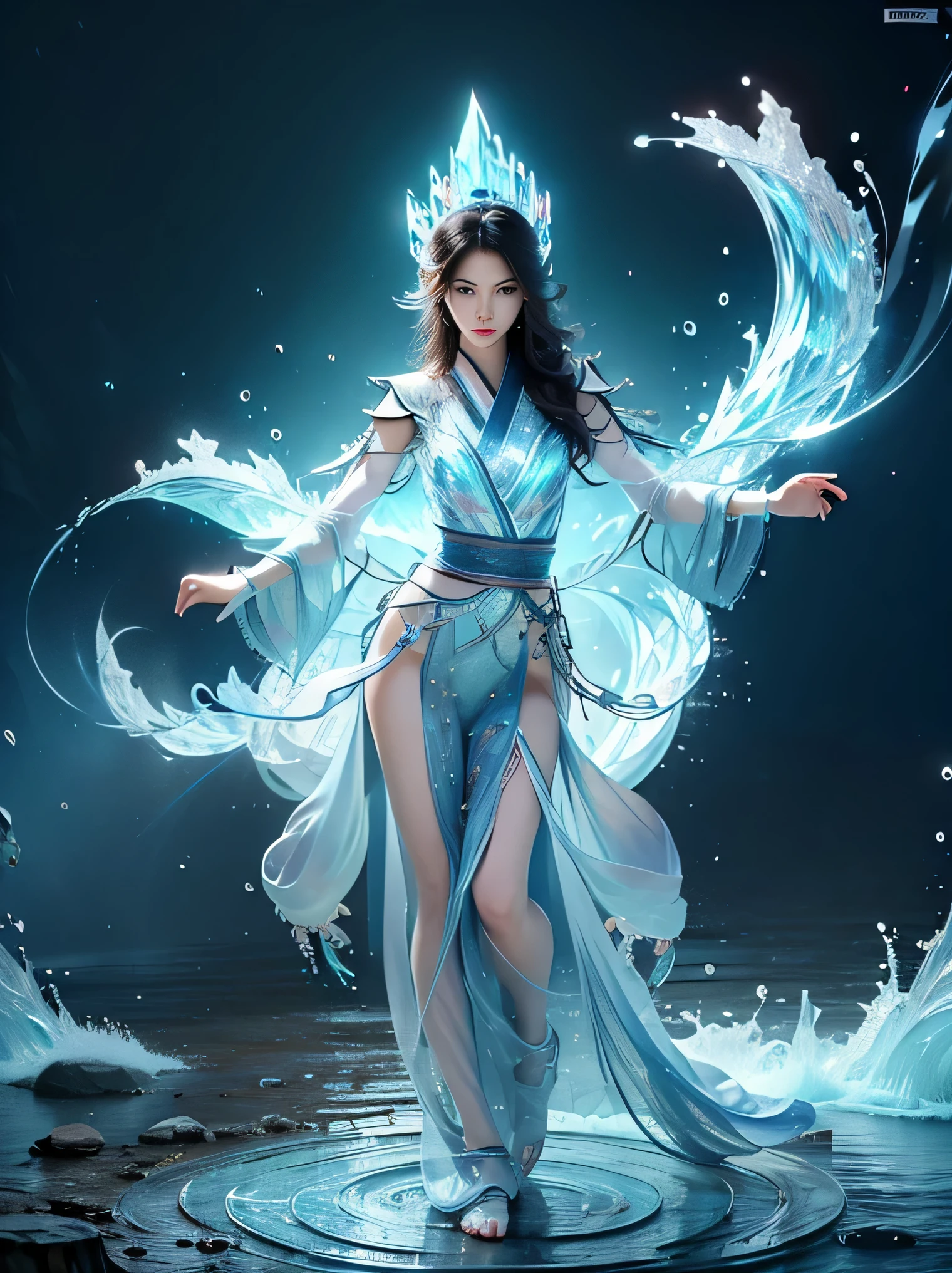 beautiful teen girl, full body, slim body, detailed and accurate depth of fields,8K, A high resolution, masterpiece, beautiful wallpapers, high quality, high detail, the perfect face, crystallineAI, fractal art, splash, yushui, river, fighting pose