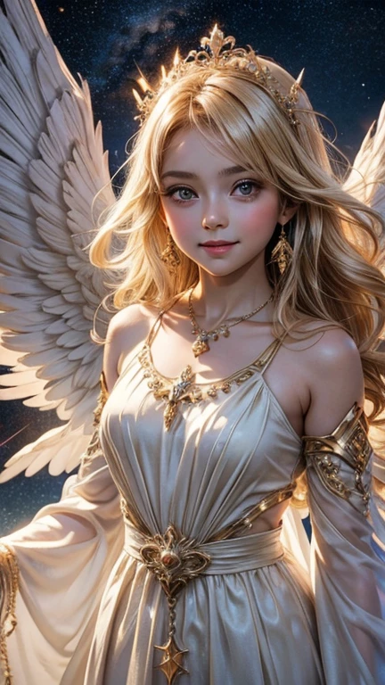 from the front, Cute、Look directly at the viewer,A baby angel about , A kind smile, Big eyes, blonde,Beautiful gold engraved hair ornament、 A clean white dress with sleeves that cover the chest,Gemstone Necklace、 On my back2Angel wings in pieces, Space background with many shining stars, Prayer-like pose, Realistic,High resolution8K