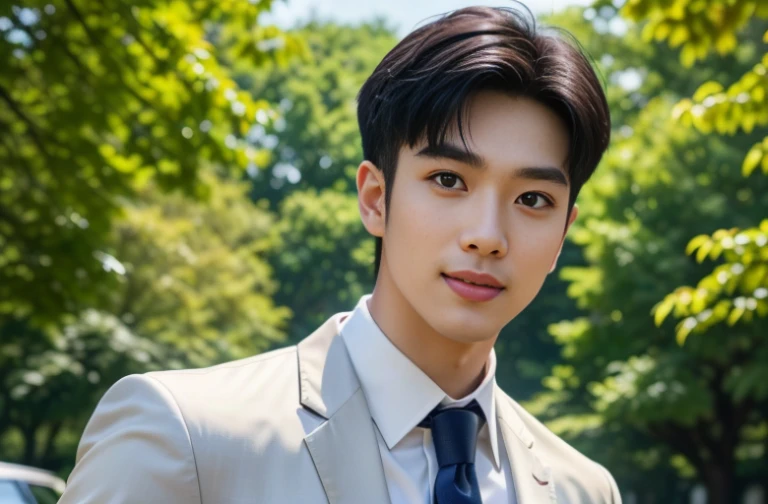 (( big eyes and keep eyes contact ))(( real photos))((highest quality))The light on the face is natural and realistic(( Smile and comfortable )) (One wearing a white shirt、Asian man in suit and tie,Age 28.Height 182 cm)、best quality、masterpiece、Ultra-high resolution、(Photo realism:1.4)、Full body image、(A young handsome man in a suit standing on the street outdoor、Standing under the red maple tree、Red and big maple leaves、delicate leaves、branch details)、(A white BMW car next to the man、Man&#39;s hands on car roof)Octane Rendering、8K、Super sharp、realistic light、(There is only one car on the street、man&#39;s big shining eyes、looking in the direction of the camera)、、Ultra high quality、tall gentleman、very beautiful hair、Bright photos、As handsome as a model、As handsome as an idol,Professional profile photo, Professional portrait photos、Realistic portrait photos, Detailed color portrait, Portrait of an idol, High quality full body portrait photos.
