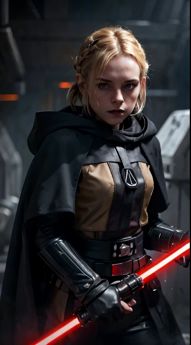 A cute 14 years old girl, short bobcut blonde braided hair, bang, evil grin, sinister, pale skin, sith lord from star wars, wearing dark armor, black cape, coat dark aura. fighting pose, cowboy shot, Ultra high res, uhd, (photorealistic:1.4), lighting from below, wielding a red lightsaber