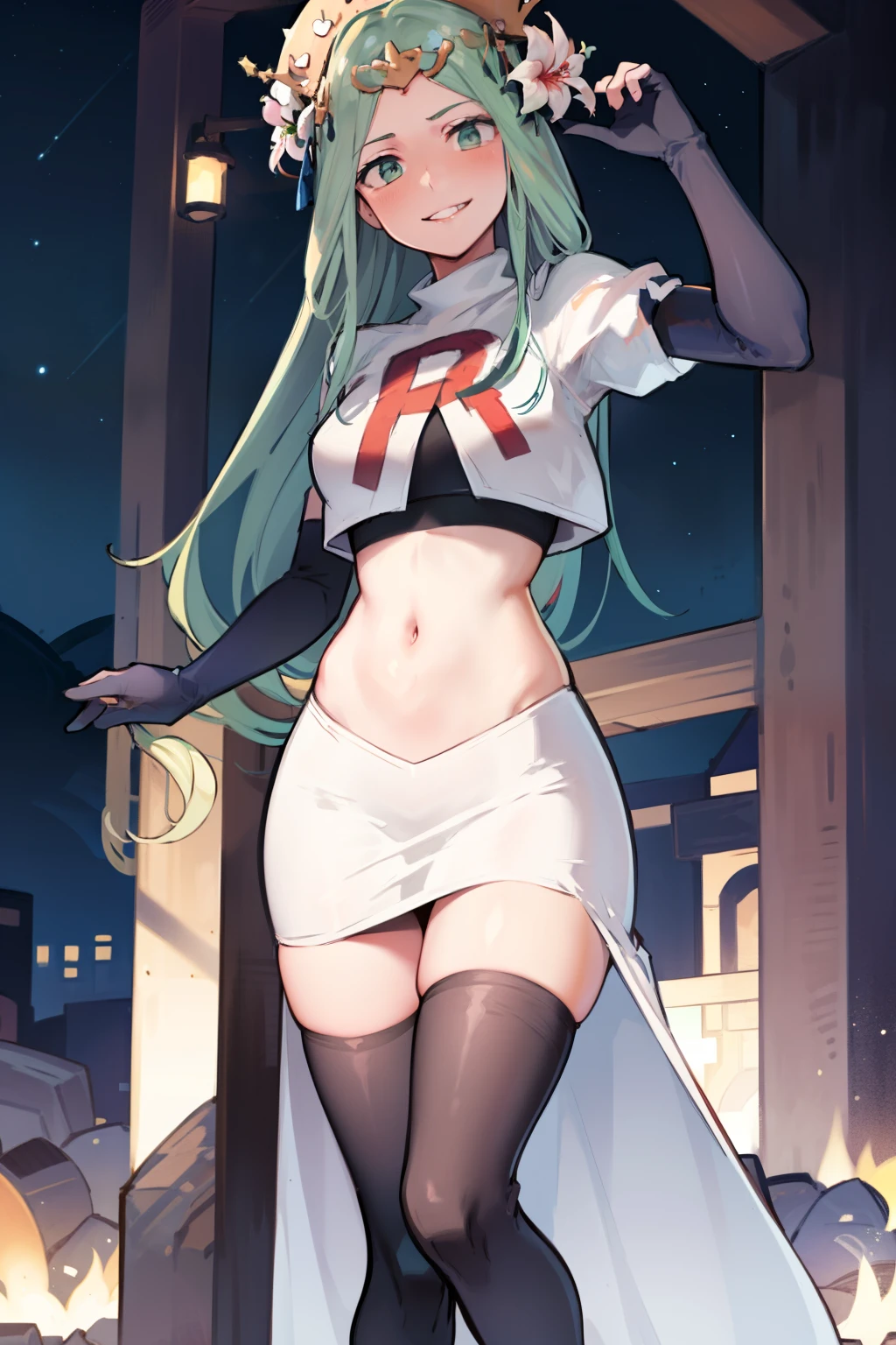 defRhea, headdress, hair flower, team rocket,team rocket uniform,white skirt,red letter R,crop top,black thigh-highs,black elbow gloves, evil smile, looking at viewer, cowboy shot, night sky background