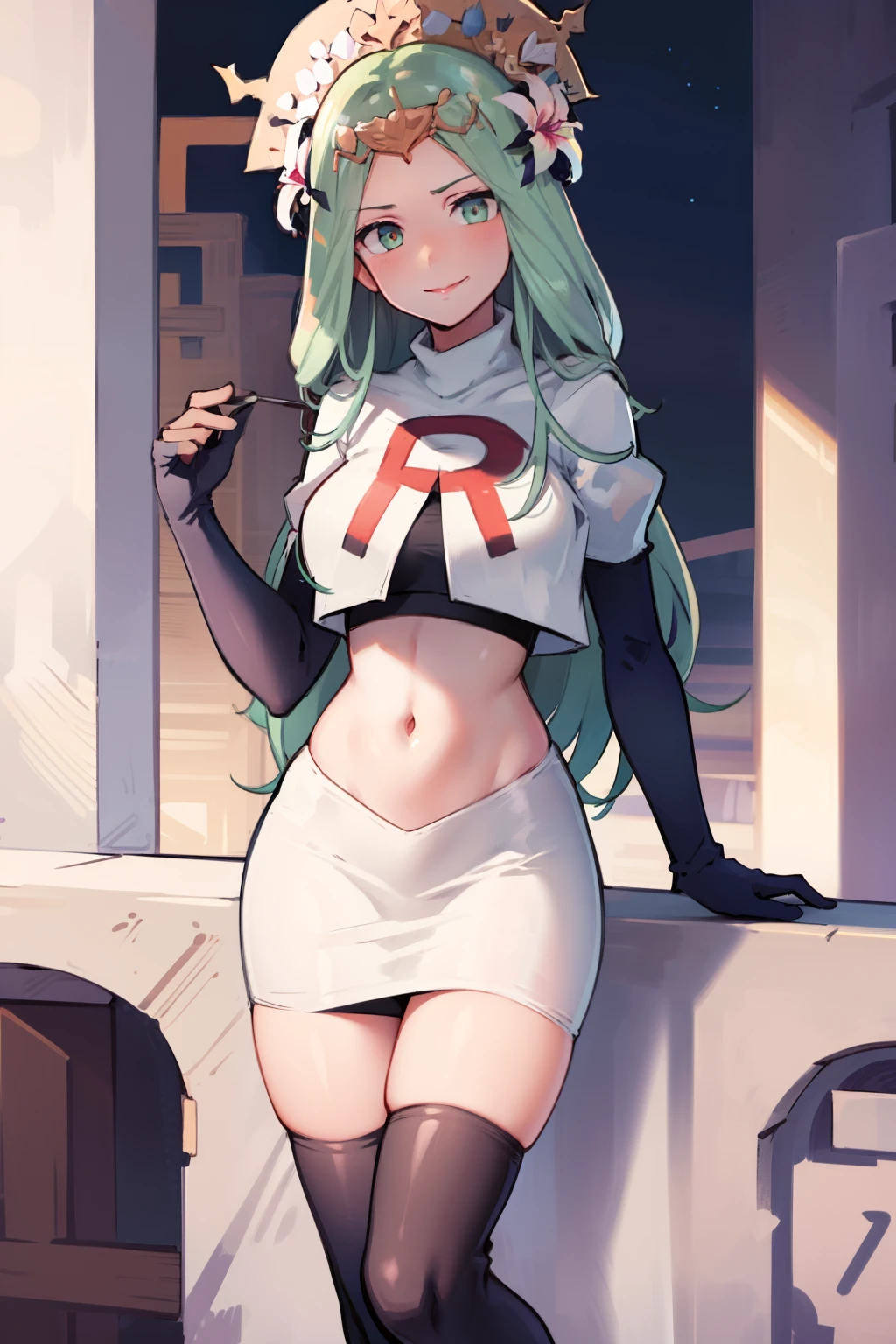 defRhea, headdress, hair flower, team rocket,team rocket uniform,white skirt,red letter R,crop top,black thigh-highs,black elbow gloves, evil smile, looking at viewer, cowboy shot, night sky background