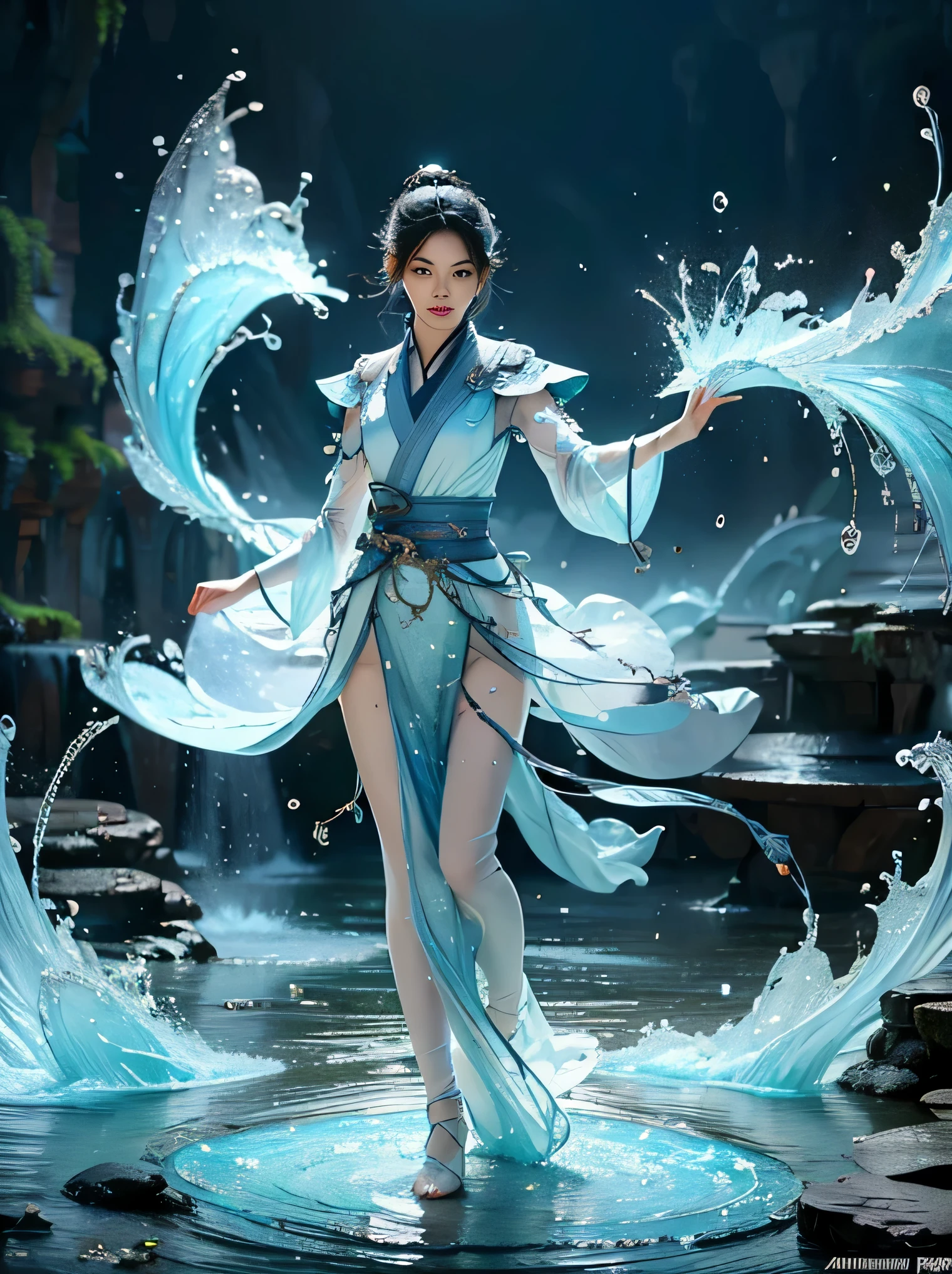 beautiful teen girl, full body, slim body, detailed and accurate depth of fields,8K, A high resolution, masterpiece, beautiful wallpapers, high quality, high detail, the perfect face, crystallineAI, fractal art, splash, yushui, river, fighting pose