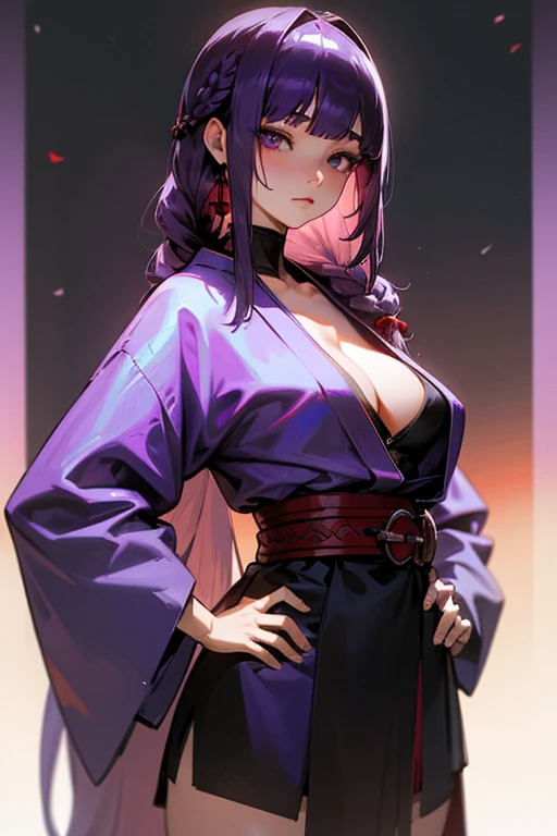 1 girl, Blunt bangs, Braiding, Wide sleeves, hair ornaments, kimono, Red Belt, (Purple Hair:1.2), Very long hair, Straight hair, Looking at the audience, Highly detailed background, (Realistic:1.2), Beautiful Eyes, Red eyeshadow, Written boundary depth,thigh, (Ulzzang-6500:0.7), Upper Body, (alone:1.2), (Cyberpunk City:1.1), Cleavage, Hands on hips、Shiny skin、Hair blowing in the wind、flower、
