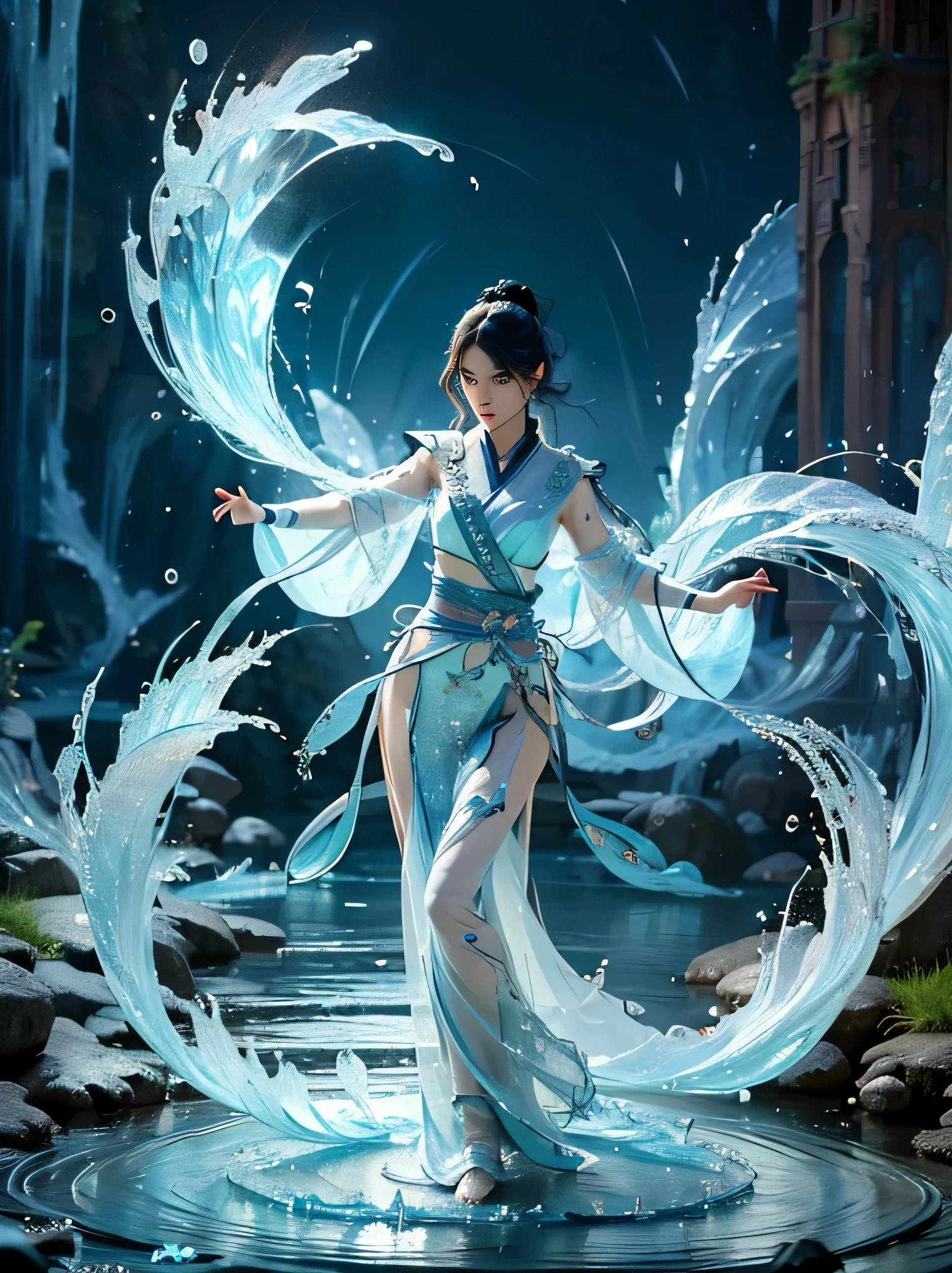 beautiful teen girl, full body, slim body, detailed and accurate depth of fields，8K, A high resolution, masterpiece, beautiful wallpapers, high quality, high detail, the perfect face, crystallineAI, fractal art, splash, yushui, river, fighting pose