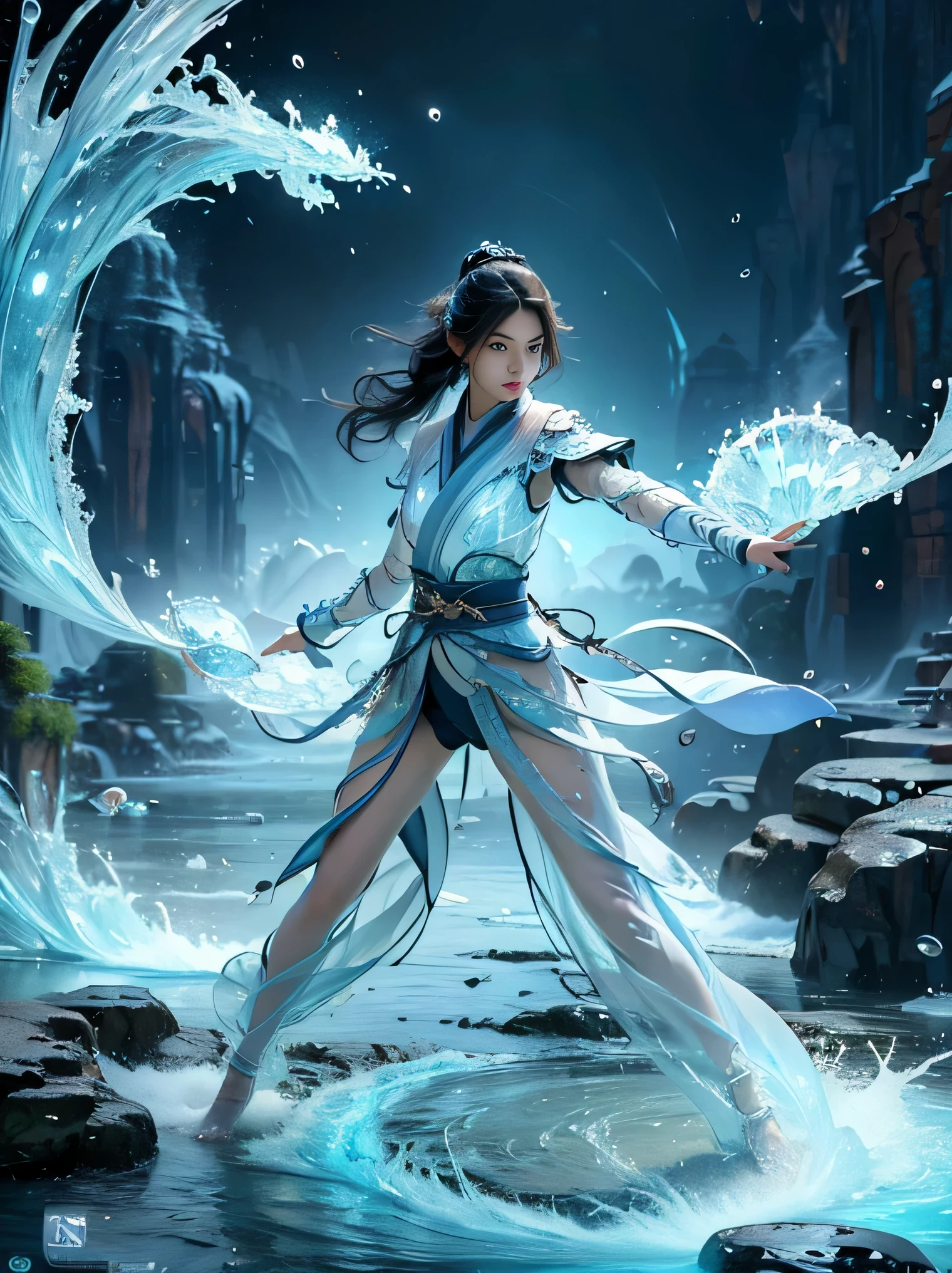 beautiful girl, full body, slim body, detailed and accurate depth of fields,8K, A high resolution, masterpiece, beautiful wallpapers, high quality, high detail, the perfect face, crystallineAI, fractal art, splash, yushui, river, fighting pose