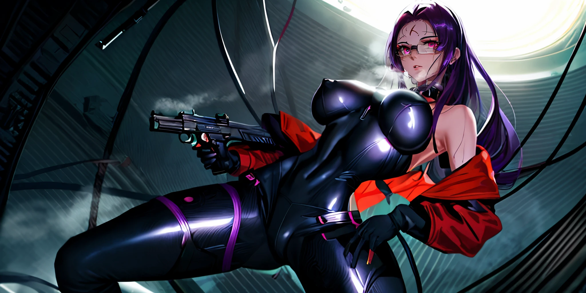 long hair, purple hair, purple eyes, forehead, anatomically correct, heavy breathing, mature female, weapon, 1girl, gun, breasts, holding_weapon, covered_nipples, large_breasts, gloves, bangs, solo, holding, shiny, fingerless_gloves, holding_gun, covered_collarbone, bodysuit, covered_navel, skin_tight, looking_at_viewer, impossible_clothes, black_bodysuit, handgun, lips, bare_shoulders, jacket, cameltoe, rating:questionable, shiny_clothes, "Vector art, Vivid colors, Clean lines, Sharp edges, Minimalist, Precise geometry, Simplistic, Smooth curves, Bold outlines, Crisp shapes, Flat colors, Illustration art piece, High contrast shadows, Technical illustration, Graphic design, Vector graphics, High contrast, Precision artwork, Linear compositions, Scalable artwork, Digital art", sweating, steaming body, fog, (shaded face:1.2), hollow eyes, glasses, purple eyes, looking at viewer, (heavy breathing:1.2), expressionless, nsfw,