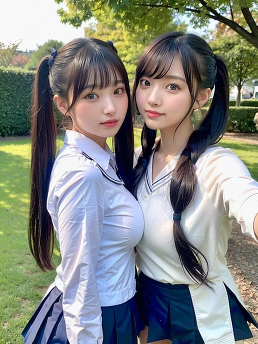 Two girls taking a photo in front of a tree, sakimichan, Chiho, Twin tails, 🍁 cute, Ulzzang, 🚿🗝📝, Twin tails hairstyle, seifuku, 8k selfie, shikamimi, Two Pigtails Hairstyle, Middle Metaverse, Twin tails white_gloves,(Huge breasts:1.3), (mini skirt), (whole body:1.2)
