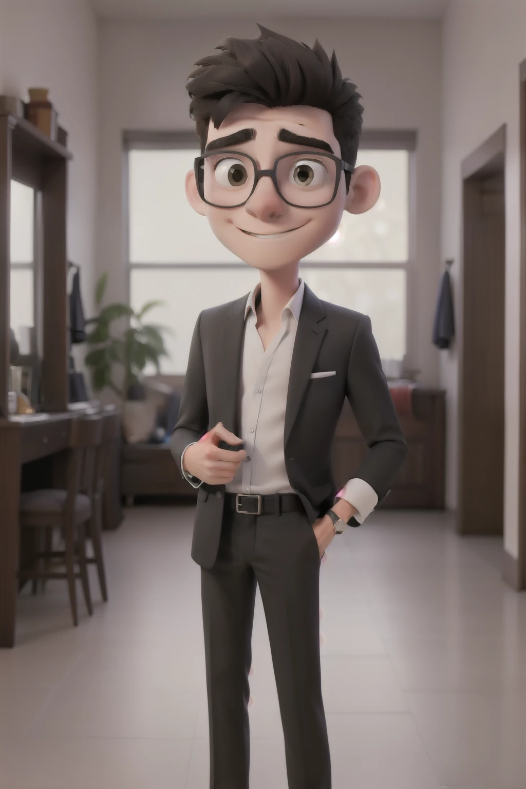 Thin 18 year old man, cabello corto ?????, con lentes y traje formal