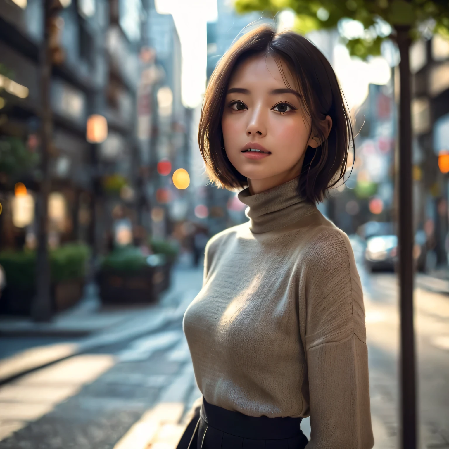 (Turtleneck sweater、skirt)、(highest quality,masterpiece:1.3,Ultra-high resolution,),(Very detailed,Caustics),(realism:1.4,RAW shooting,)Ultra-Realistic Capture,Very detailed,HD 16K Human Skin、 Natural skin texture、、Skin looks healthier、Even Skin Tone、 Use natural light and color,A woman ,Japanese,,cute,Brunette,(Depth of written border、Color Difference、Short to medium hair、Wide range of lighting、Natural Shadows、)、(Hair swaying in the wind:1.2)、Tokyo cityscape