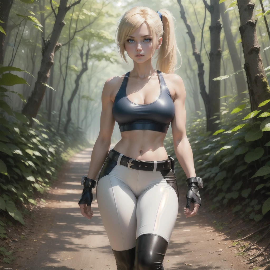 (masterpiece, best quality) 1.5, 1girl, solo, (sexy, beautiful woman, perfect face, perfect eyes), samus aran, leather legging pants with belt, white tank top with neckline, white sneakers, walking in the forest, (blue eyes, blonde hair, ponytail)  