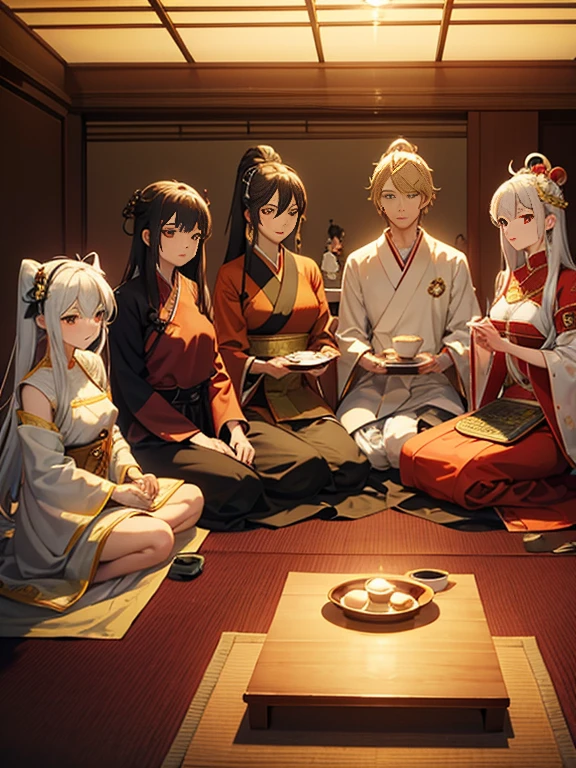 Tea Ceremony with Maitreya Bodhisattva, Maria, Kushinada and Vishnu, Group selfie, Full Body Shot