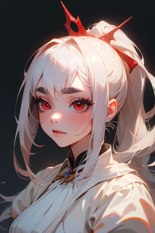(highest quality, masterpiece:1.2), High resolution, Very detailed, Realistic:1.37, Fantasy, An illustration, Hair is whiteいです、Red Eyes、Queen, White Dress.Platinum decoration、beautifully、Eyeshadow Red、Thick eyebrows、Long eyelashes、pupils are black、Hair is whiteい、Kissing Face、Embarrassed、Loved、ponytail、Hair is white、