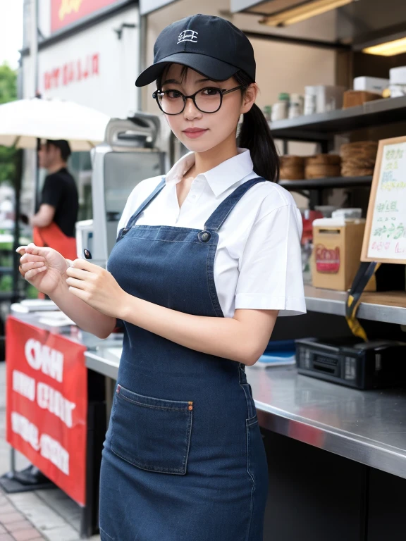 ((最high quality、8k、masterpiece、Portraiture:1.3)), Vibrant, Realistic, Very detailed, hair, high quality, Age 35のきれいな女日本人女性, Age 35, Glasses, Plump body, Big Breasts、Cleavage、黒く長いhairをまとめている、Plain black newsboy cap、White golf shirt, Wear a plain brown apron、Skinny denim pants、Plain white sneakers、Standing in front of a food truck、Rainy office district、Best Shot