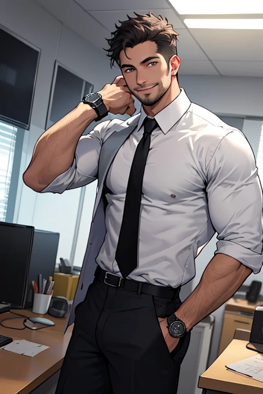 Dibuja a un hombre con vello facial, tiene una sonrisa amigable y coqueta, trae puesto un traje oscuro con corbata negra. He has a watch on his right wrist while standing in a work office since he is a businessman.. Su piel es blanca y sus ojos son de un color amarillo bastante llamativo a la vista de todos. Tiene una mirada bastante intimidante y seria.