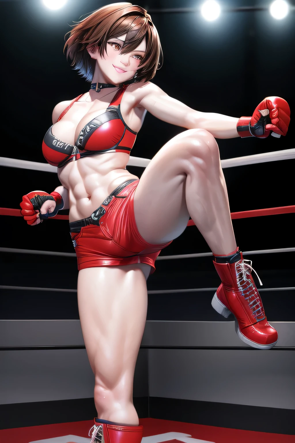 1girl,18yo,perfect hands, perfect finger,perfect anatomy,masterpiece, best quality,realistic, hyperrealistic, 16k hdr,,HINOMOTO_REIKO,large BREASTS,SHORT HAIR,BLACK HAIR,NAVEL, CLEAVAGE, BROWN EYES,BOOTS,CHOKER,MIDRIFF, FINGERLESS GLOVES,(RED SHORT SHORTS,red bra),(boxing ring,spot light),(leg up,high kick:1.5),dynamic pose,dynamic angle,smile,,from below