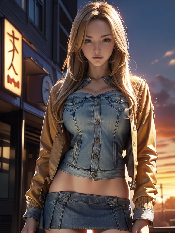 (8ก, Highest quality: 1.2), Extremely detailed, thorough resolution, (realistic, realistic photo: 1.37), Portrait, high definition RAW color photograph, professionally arrested, high definition and beautiful, high definition, 8ก Image wallpaper, Amazing details, Big file size, highly detailed beautiful girl, Extremely detailed face, (Finely defined super beautiful eyes:1.8), The nose has a precise shape., expressive lips,(sunset,real down town background:1.2) , one story, cute girl, realistic、 (Cinematic scene,Fantasy Art,Best Quality,High quality,High Definition,high quality texture,high detailing,Beautiful detailed,fine detailed,extremely details CG,Detailed texture,realistic representation of face,masutepiece,presence,Dynamic,Bold),1gir,Ultra detailed skin,Curve,(coverd nipple:0.8),Beautiful breasts,small breasts,pale skin,pointed breast,Erect nipples,(Ultra Thin hair),(Ultra Soft hair),(ultra straight hair),Swept long bangs,very light coppery amber hair,Hair over one eye,very skinny body,smart abs,(Denim Jacket ,Mini Skirt:1.5),(smile:1.4),
