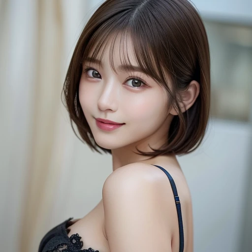 Prone、Wearing a sexy transparent strapless bra、Side tie panties、see-through panties、(highest quality:1.5)、(Realistic:1.5)、(1 person:1.5)、Very detailed、finely、High resolution、8k wallpaper、Perfect dynamic composition、Small breasts、Natural color lip、Cute Smile、Japanese women、20-year-old girl、Beautiful and elaborate face、Perfect and beautiful face、Beautiful and detailed、Big eyes、Brunette's eyes、Beautiful and elaborate face、Perfect and beautiful double eyelidedium Bob Hair、Bright lighting、Professional Lighting、Front lighting、