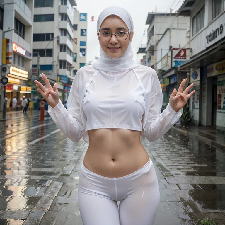 Young beautiful sweet sundanese Bogor city girl, 21 years old, slim body, georgeus face, no underwear must view, wearing  wet white thin hijab, wearing wet white verythight  see through mini shirt, wearing wet white thin strict see through legging, standing under the hard  rain on the Bogor city street side walk,  rain drop visible, water flowing down through all the thing, dense hairy vagina visible, happy face, both two hands waving  up, realistic normal fingers view, wearing wet glasses, realistic, very detail, no cartoon, 