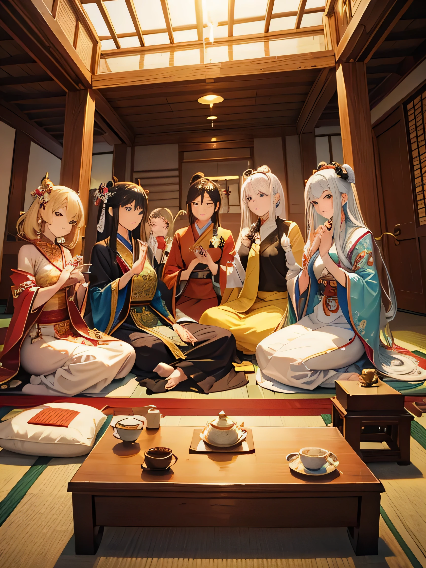 Tea Ceremony with Maitreya Bodhisattva, Maria, Kushinada and Vishnu, Group selfie, Full Body Shot