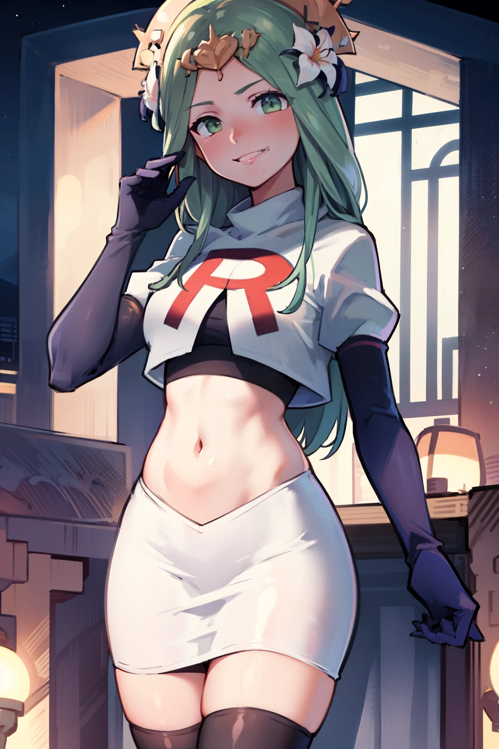 defRhea, headdress, hair flower, team rocket,team rocket uniform,white skirt,red letter R,crop top,black thigh-highs,black elbow gloves, evil smile, looking at viewer, cowboy shot, night sky background