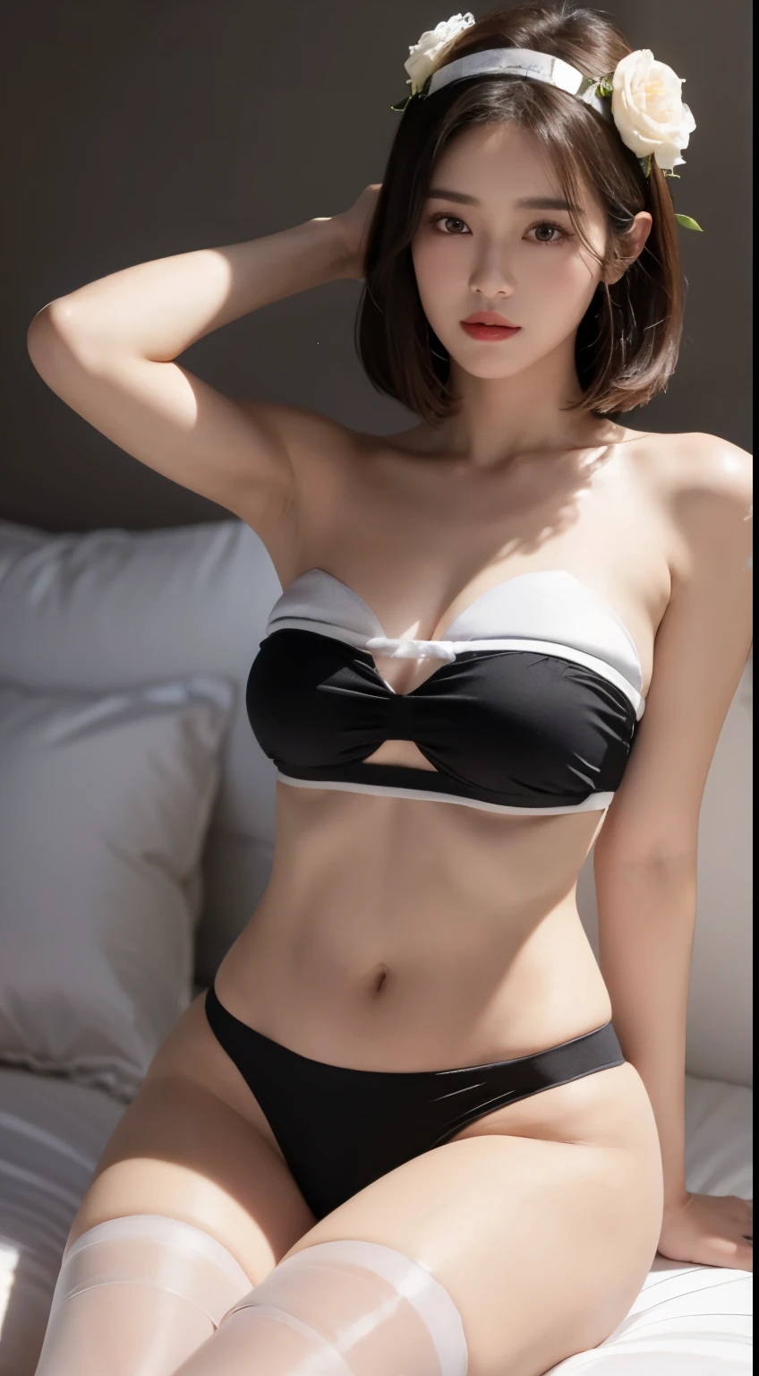 ((Best Quality, 8K, Masterpiece: 1.3)), (Flower Cap: 1.3), Focus: 1.2, Perfect Body Beauty: 1.4, Buttocks: 1.2, (Layered Haircut: 1.2))), an 20 year old woman, Dilraba Dilmurat + Kwon Yuri, (clothless:1.2), ((Black Body Tape wraps around the body:1.2)), (sexy postures), Studio lighting, D-cups breasts