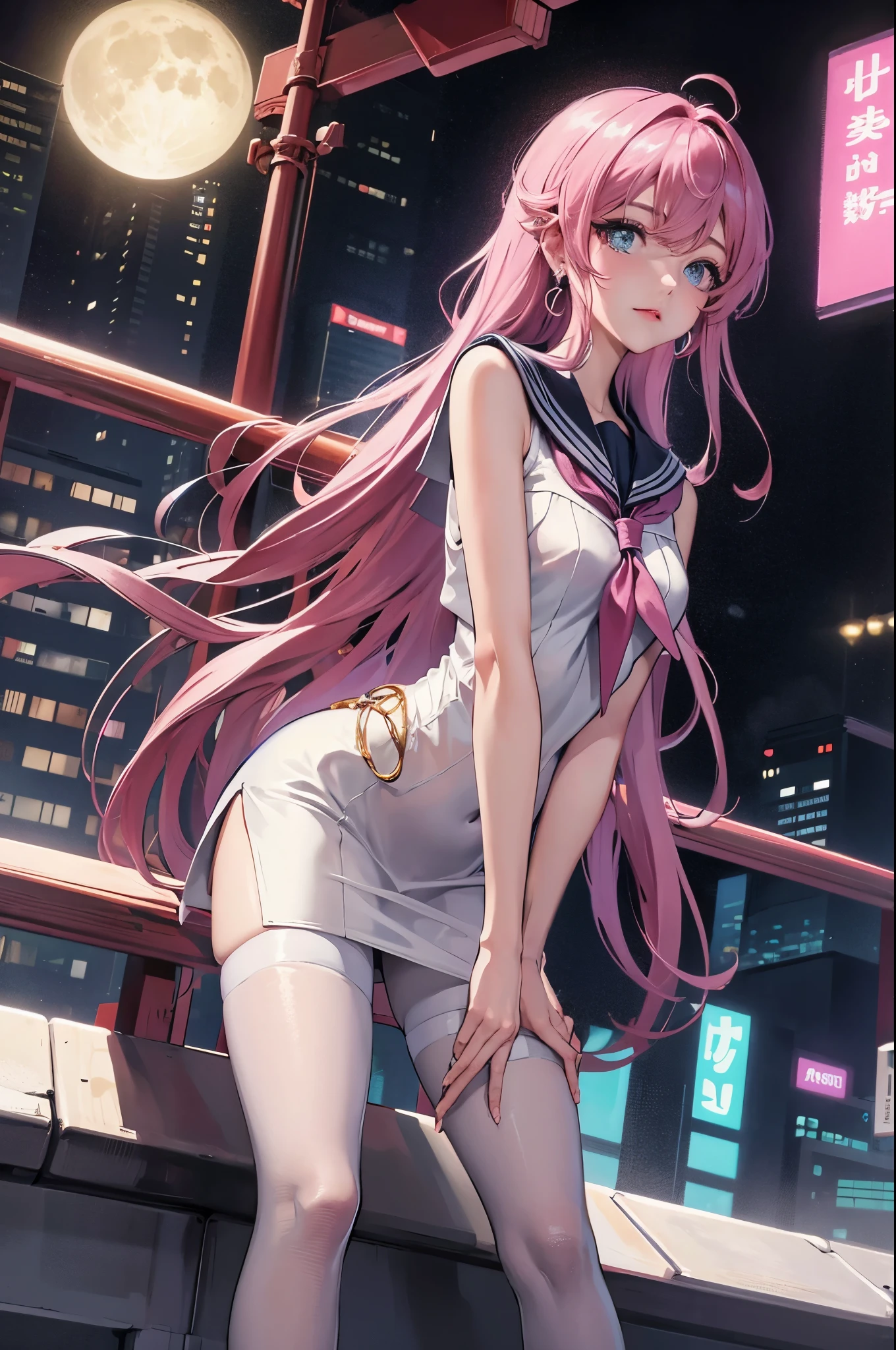 masterpiece, best quality, night, full_moon, city View, In cyberpunk cities, real, huge_File size, wallpaper, girl, Medium Length Hair, Pink Hair, curls, View Viewer, aqua eyes, Small Breasts, Setofuku, Sailor Suite, White pantyhose, earrings, jewelry, period, all_Get on all fours, Undress,