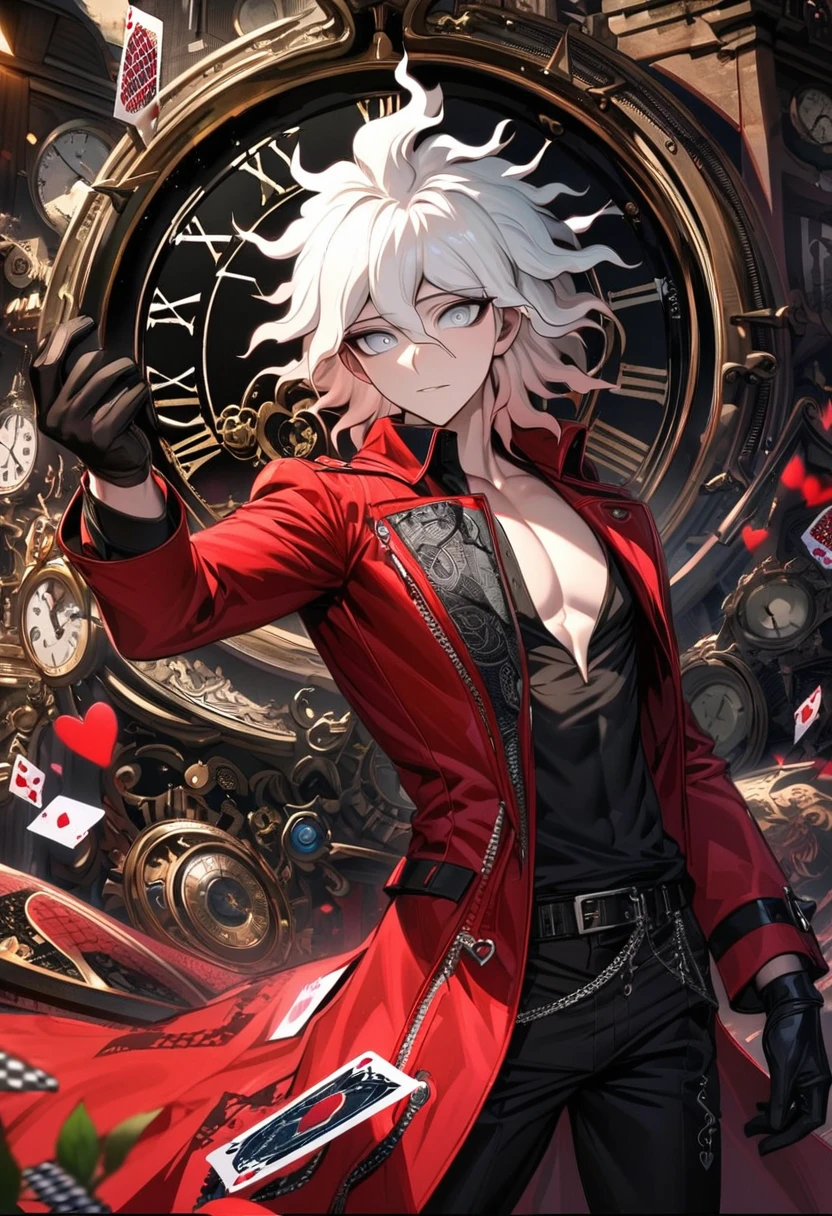 ultra detailed, high resolution, absurdities, HDR, komaeda nagito, by white, silver eyes, danganronpa, long red coat, black fitted shirt with prints, clock, gear, in Wonderland, heart cards, sexy man, Alone, elegant, Very detailed face and eyes, black gloves, toned chest, smiling