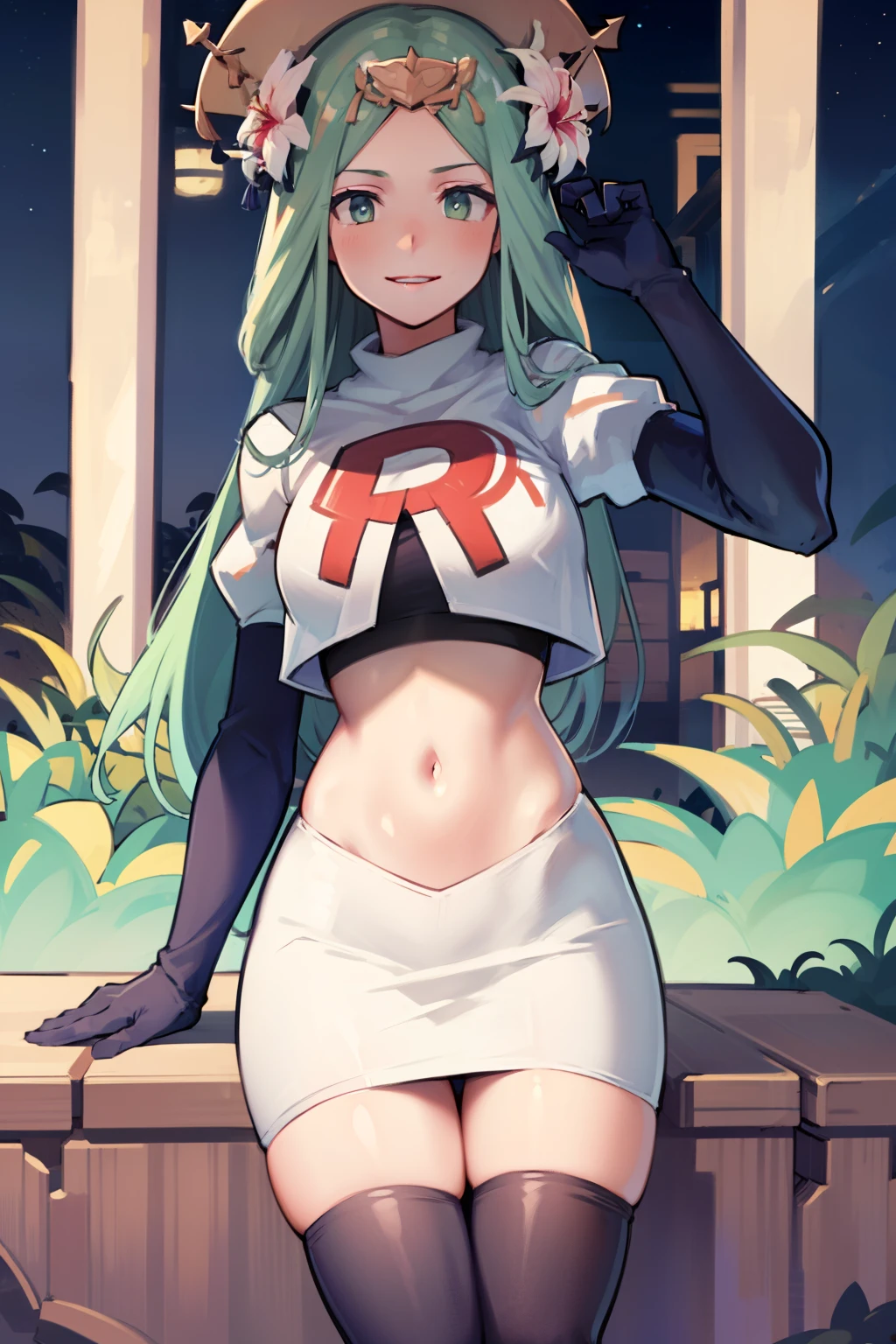 defRhea, headdress, hair flower, team rocket,team rocket uniform,white skirt,red letter R,crop top,black thigh-highs,black elbow gloves, evil smile, looking at viewer, cowboy shot, night sky background