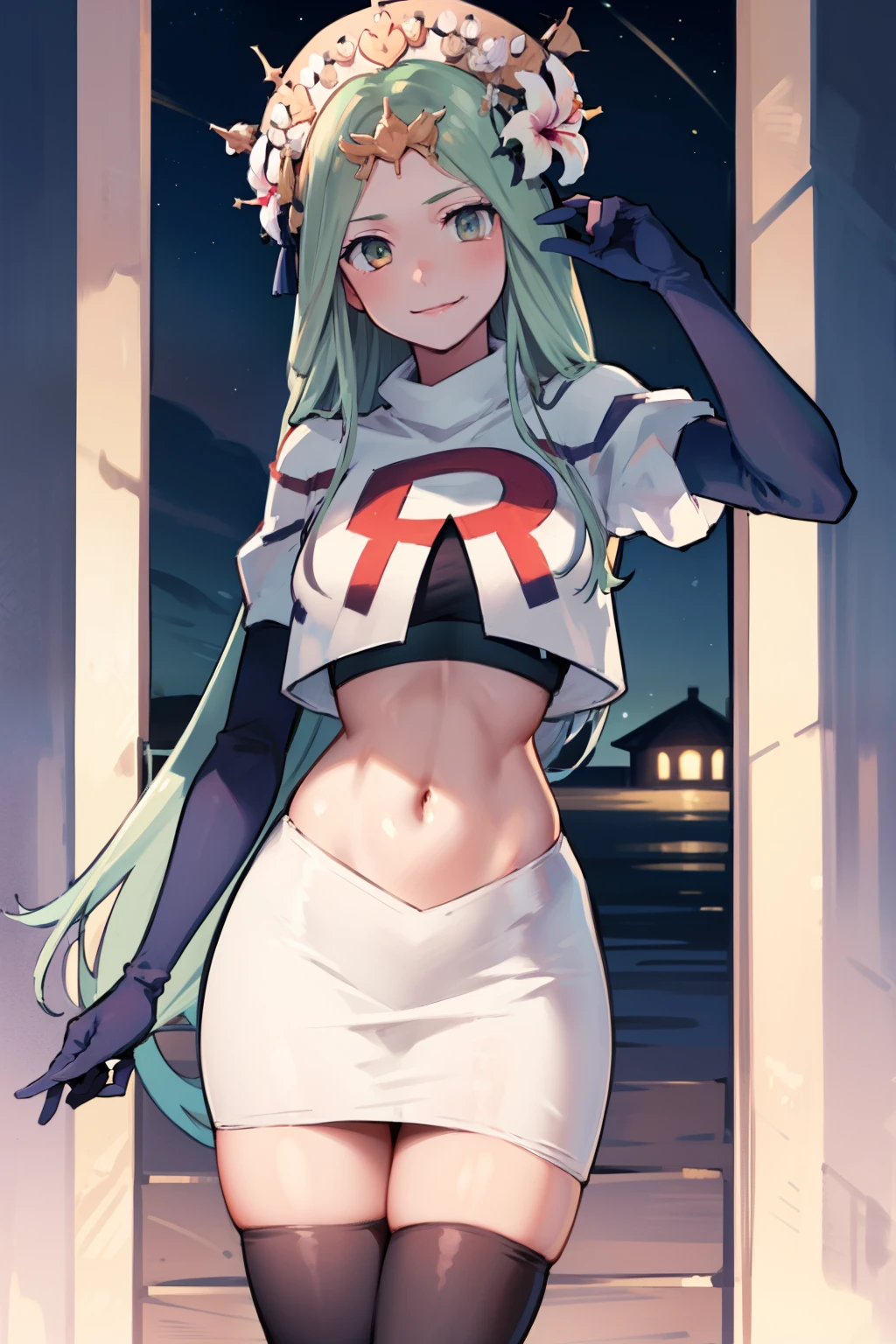 defRhea, headdress, hair flower, team rocket,team rocket uniform,white skirt,red letter R,crop top,black thigh-highs,black elbow gloves, evil smile, looking at viewer, cowboy shot, night sky background