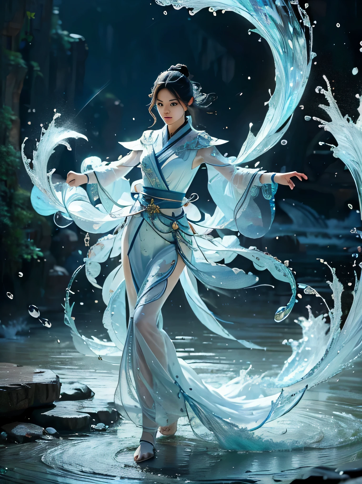 beautiful , full body, slim body, detailed and accurate depth of fields,8K, A high resolution, masterpiece, beautiful wallpapers, high quality, high detail, the perfect face, crystallineAI, fractal art, splash, yushui, river, fighting pose