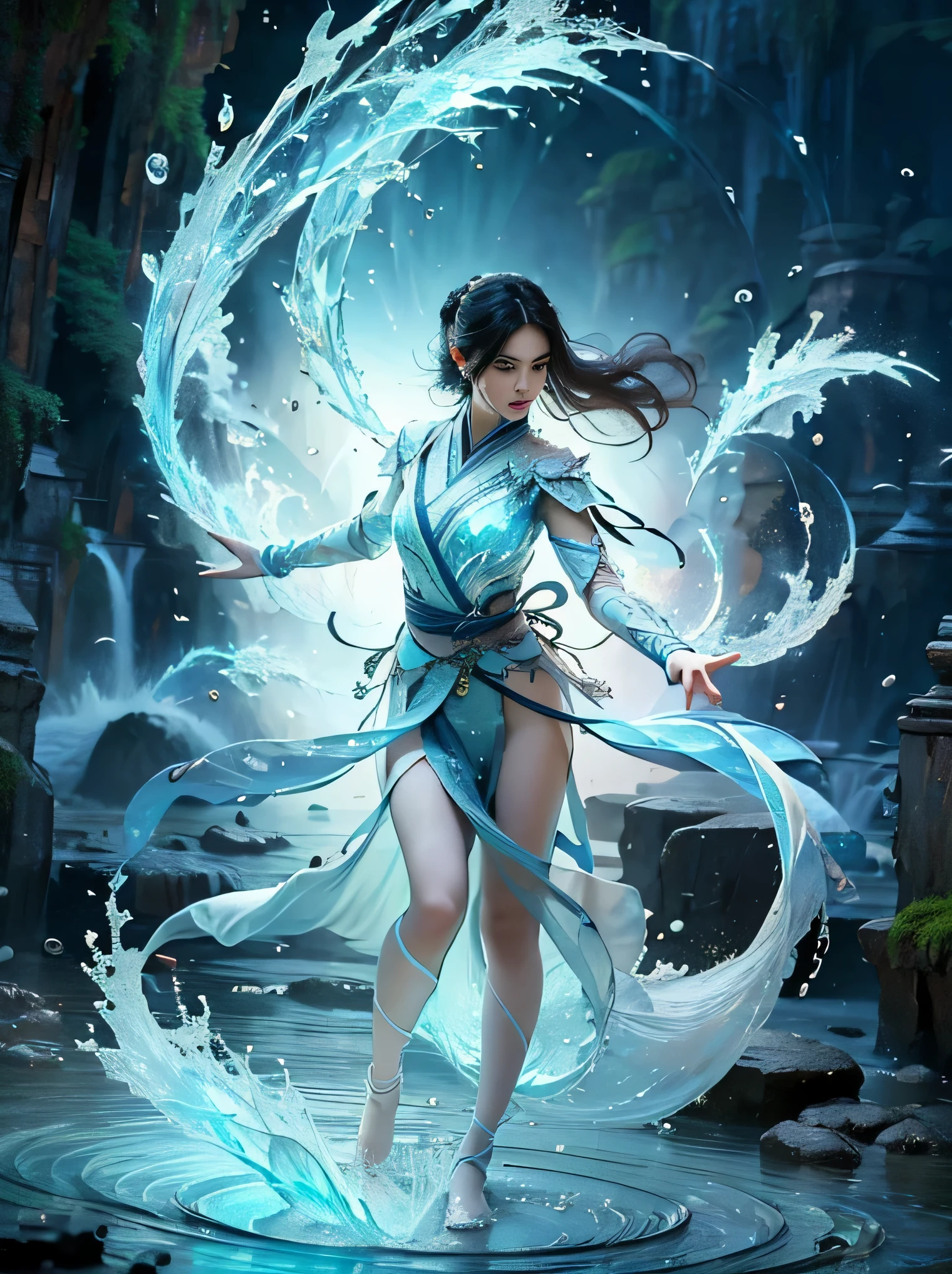 beautiful girl, full body, slim body, detailed and accurate depth of fields,8K, A high resolution, masterpiece, beautiful wallpapers, high quality, high detail, the perfect face, crystallineAI, fractal art, splash, yushui, river, fighting pose