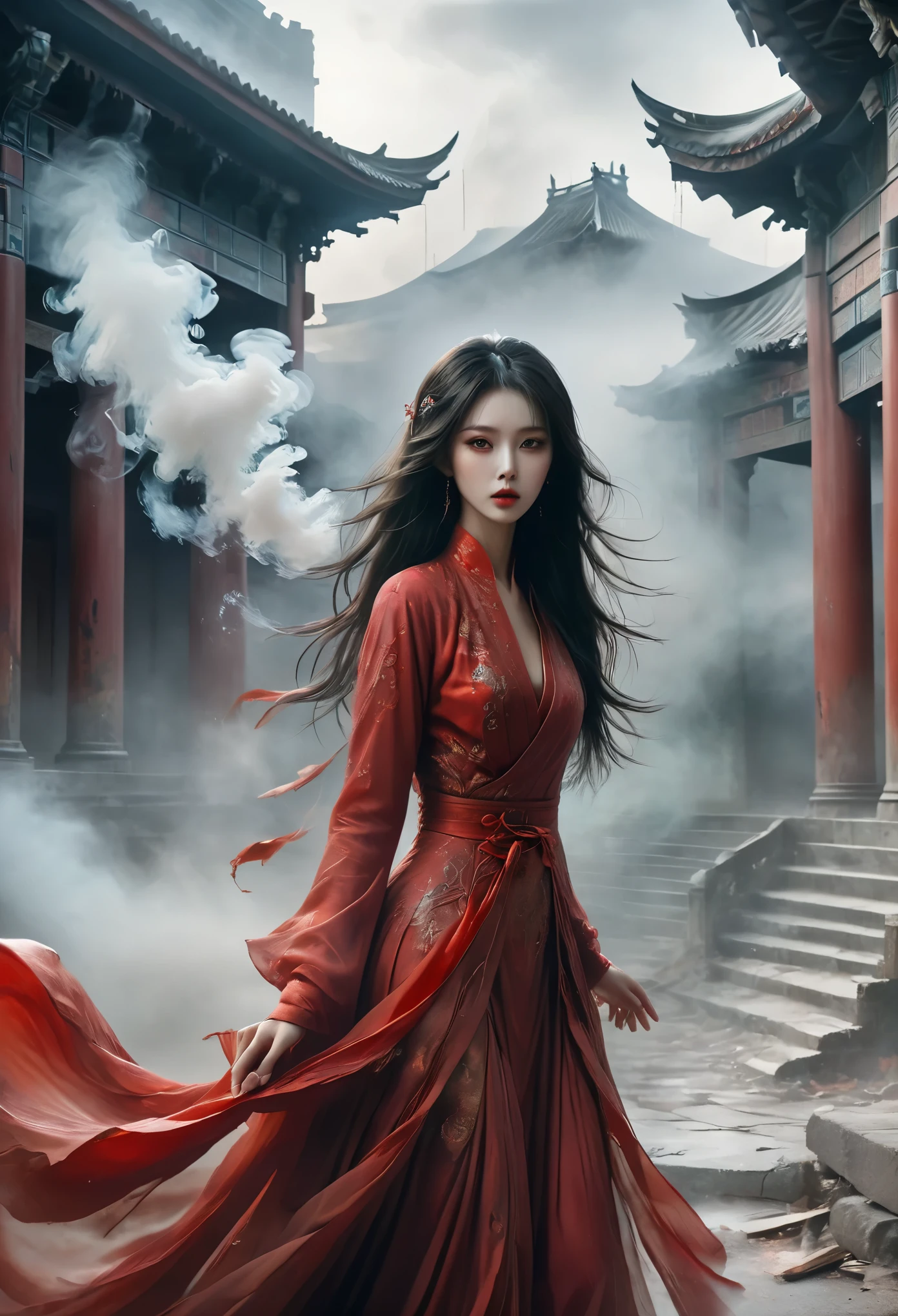 1 beautiful oriental girl，Red Jacket，Wedding dress，Red veil，(Ghost smoke:1.2)，(whole body:1.3)，Oriental ancient house in the background，damaged，shattered，Thriller，gray，Gray fog，Mist，Horror atmosphere，Detail production，buliding，Best quality，masterpiece，Surreal，Ultra-high resolution，(1.4x more realism)，