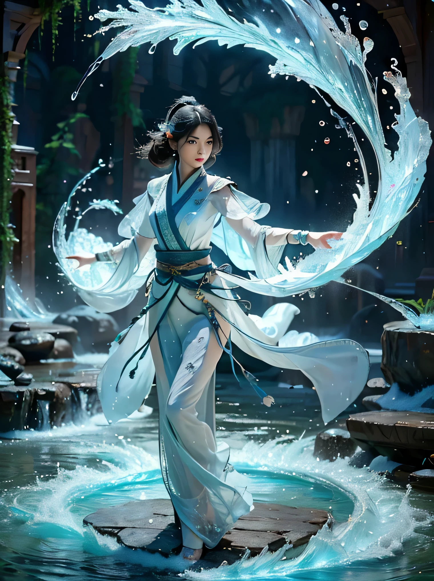 beautiful teen girl, full body, slim body, detailed and accurate depth of fields,8K, A high resolution, masterpiece, beautiful wallpapers, high quality, high detail, the perfect face, crystallineAI, fractal art, splash, yushui, river, fighting pose