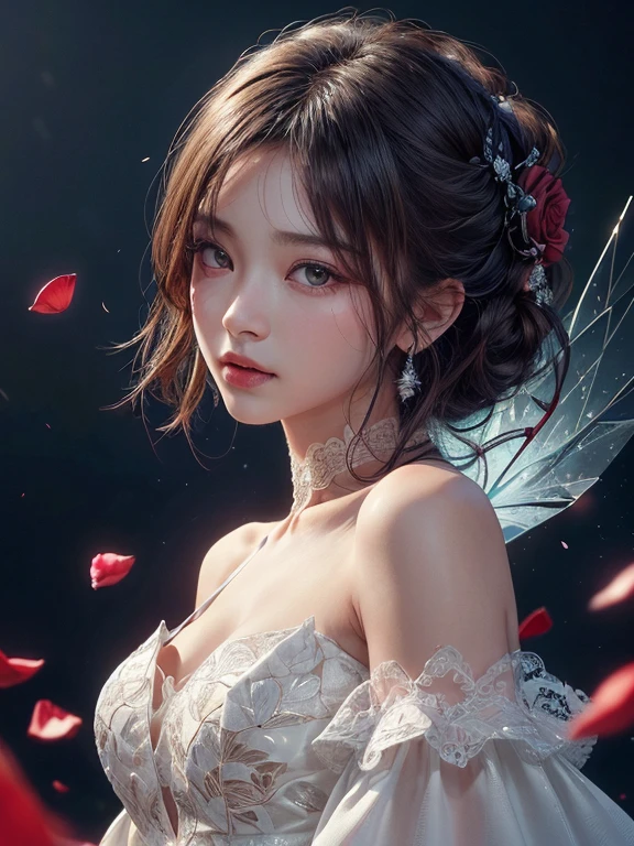 masterpiece, 1 beautiful girl, fine grain, Swollen eyes, highest quality, Ultra High resolution, (reality: 1.4), Cinema Lighting, Japanese, Asian Beauty, Korean, so beautiful, Beautiful Skin, thin, Body facing forward, (Ultra-realistic), (High resolution), (8k), (Very detailed), ( Best illustrations), (Beautiful and detailed), (Very detailed), (wallpaper), Detailed face, Bright lighting, Professional Lighting, View audience, Look straight ahead, White Dress, 46 point diagonal bangs, Black background、Red rose petals fluttering in the background、Off-the-shoulder dress 1.5、Lace fabric、Transparency、Transparency