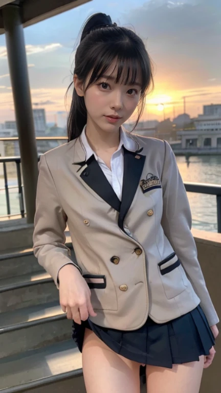 (beautifully detailed skin,Perfect Anatomy),At dusk,Sunset sky,14 years old,cute,Black Hair,ponytail, Full Body Shot, Beautiful detailed girl, expensively detailed face, Beautiful eyes in every detail, ((Japanese Girls, expensive , School Blazer:1.5)), City Stairs、looking up from the bottom of the stairs、Very embarrassed, ((The wind flipped up her skirt、No panties))、Official Art，expensively detailed CG Unity 8k wallpaper, (masterpiece:1.0),(highest quality:1.0), photo shoot, 8k, Browsing Caution, expensive resolution, Kodak Portrait 400, Film Grain, Lens flare brilliance,View audience