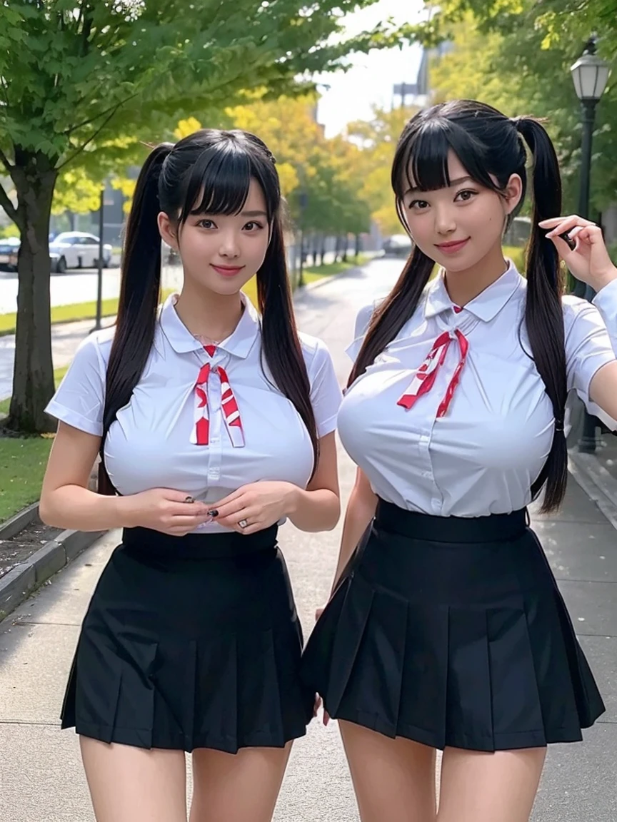 (8K,RAW Photos,highest quality,masterpiece:1.5),Two girls taking a photo in front of a tree, sakimichan, Chiho, ponytail, 🍁 cute, Ulzzang, 🚿🗝📝, Twin tail hairstyle, seifuku, 8k selfie, shikamimi, Two Pigtails Hairstyle, Middle Metaverse, Twin tails white_gloves,(Huge breasts:1.3), (mini skirt), (whole body:1.2)