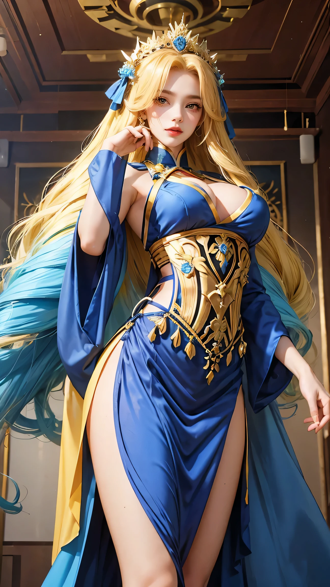 a woman in hanfu, 1girl, drill hair, long hair, blonde hair, gradient hair, yellow eyes, solo, huge breasts, big hair, blue hair, tiara, divine goddess, looking at viewer, indoors, royal palace, sexy pose, dynamic pose, astraea