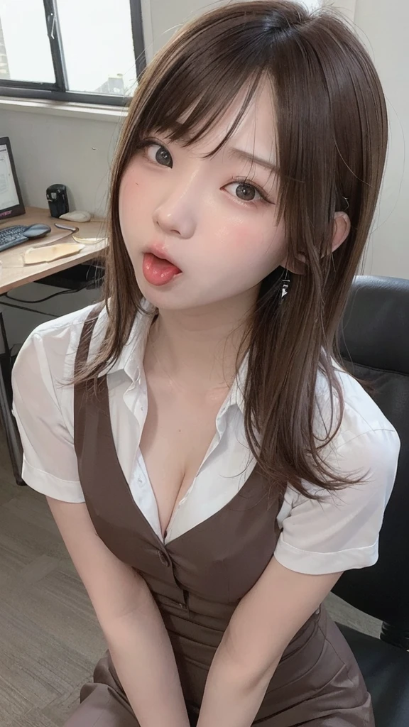 ((highest quality)), ((masterpiece)), ((Perfect Face))、21 years old,、Brown Hair、Side Ponytail、orgasm、blushed、Sweaty all over、Ahegao、office lady、Business jacket、Business Skirt、Mouth wide open、Sticking out tongue、Close ~ eyes、Face the camera、Camera angles from above、