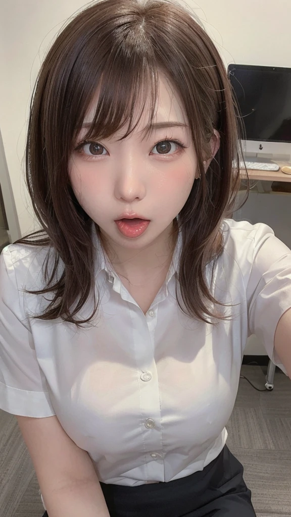 ((highest quality)), ((masterpiece)), ((Perfect Face))、21 years old,、Brown Hair、Side Ponytail、orgasm、blushed、Sweaty all over、Ahegao、office lady、Business jacket、Business Skirt、Mouth wide open、Sticking out tongue、Close ~ eyes、Face the camera、Camera angles from above、