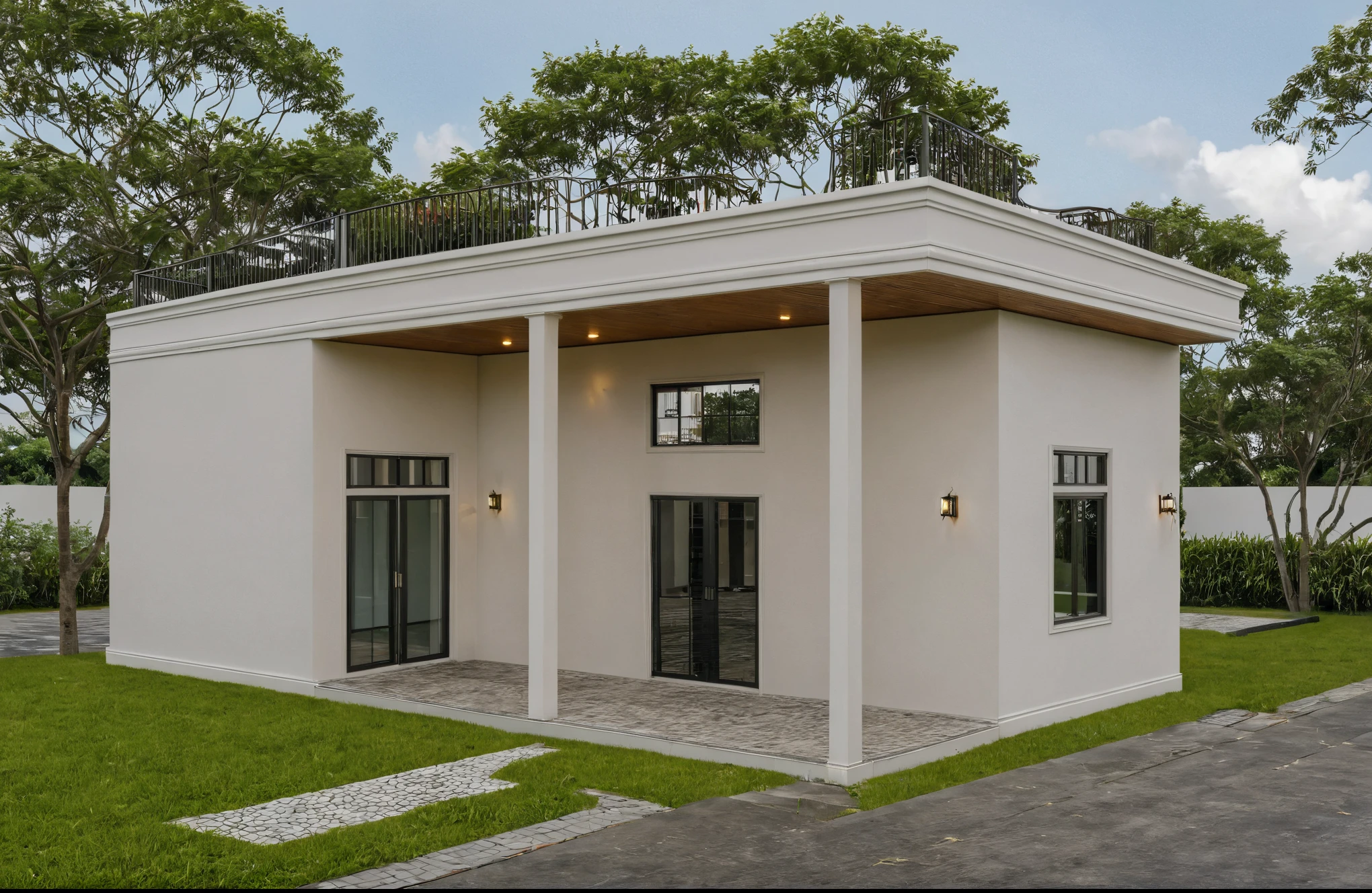 Raw photo,Masterpiece, high quality, best quality, authentic, super detail,
exterior, outdoors, house style indochine on the street ,aiaigroup
road,pavement, grass, trees, sky, cloud, (day:1.1)